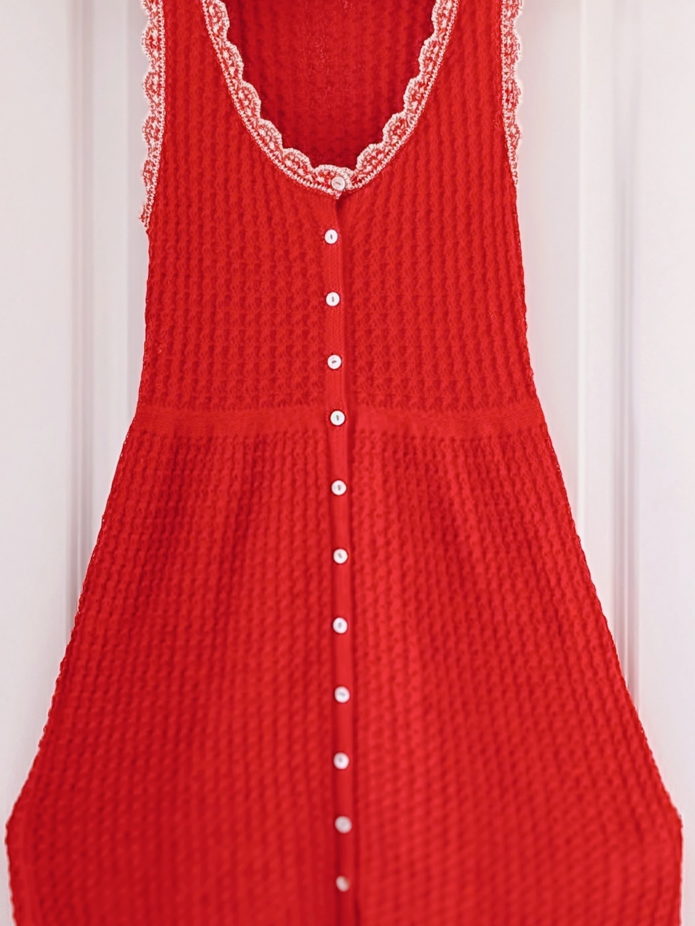 Zara Bright Cherry Red Button-Front Women's Knit Dress with White Lace Trim